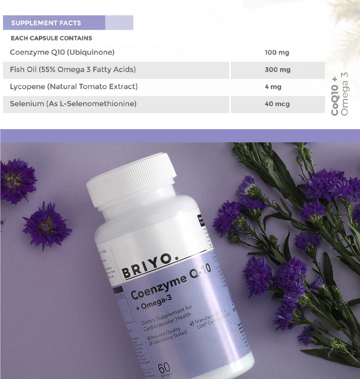 Briyo Coq10 plus omega 3 coenzyme q10 capsules for heart health supplement omega 3 briyo supplements briyo supplement heart health coenzyme q 10 plus omega 3 - cellular health heart health supplement  coq10 capsules selenium lycopene