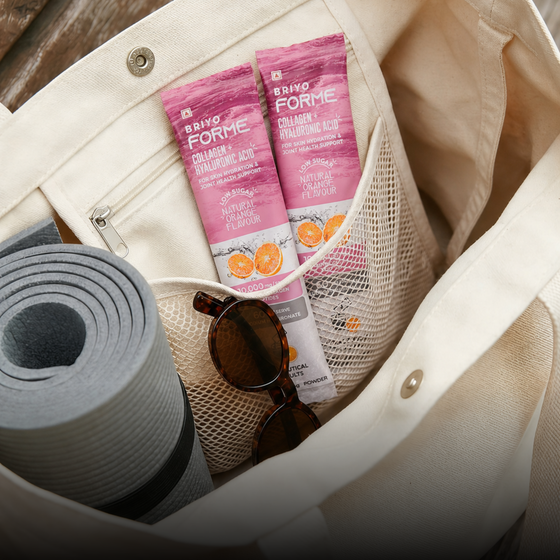 Briyo Forme collagen sachets in a bag