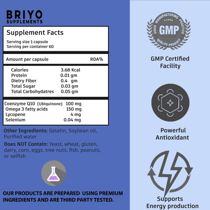 Briyo Coq10 plus omega 3 coenzyme q10 cpausles for heart health supplement omega 3 briyo supplements briyo supplement heart health coenzyme q 10 plus omega 3 - cellular health heart health supplement  coq10 capsules selenium lycopene